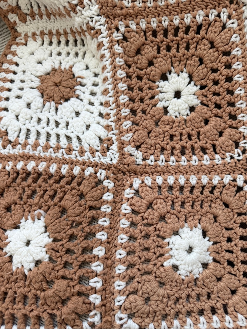 Handmade Crochet Granny Square Throw - Cream & Brown - Picture 2 of 4